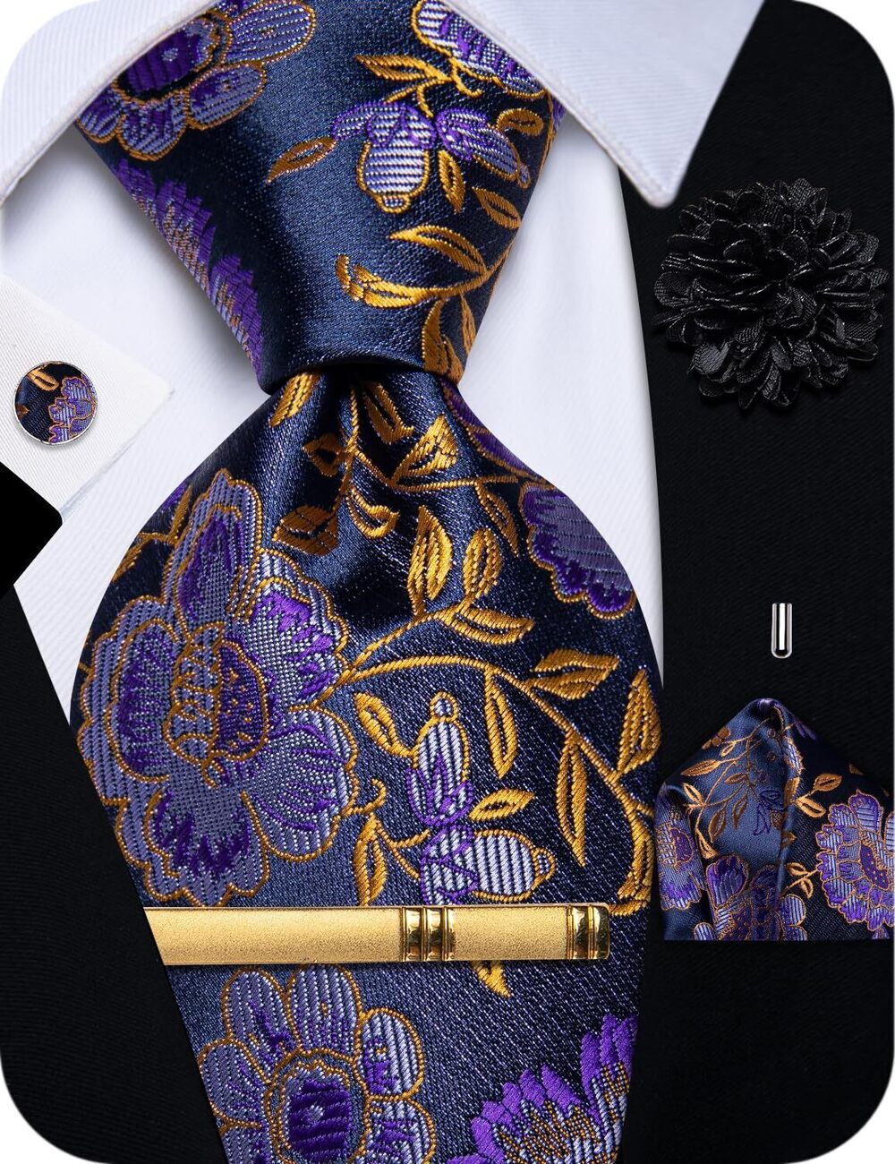 8155 Purple Tie Woven Floral Silk Ties Pocket Square with Lapel Pin Set